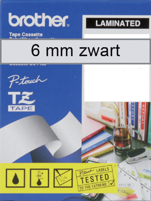 Labeltape Brother P-touch TZe-111 standaard 6mm zwart op transparant