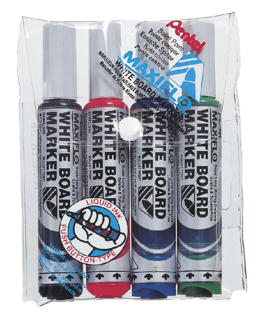 Whiteboardmarker Pentel MWL5M Maxiflo rond 3mm assorti set à 4 stuks