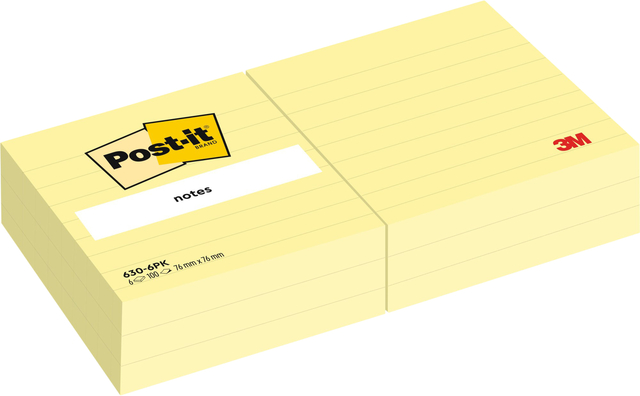 Memoblok 3M Post-it 630 76x76 mm lijn geel 6 stuks