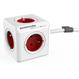 Allocacoc PowerCube Extended, stekkerdoos, 4 sockets type E, 1.5m, wit/rood