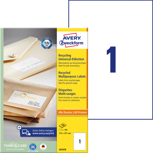 Etiket Avery Zweckform LR3478 210x297mm A4 recycled wit 100 etiketten