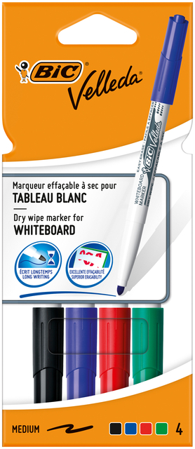 Viltstift Bic Velleda 1744 whiteboard rond medium assorti kartonnen etui à 4 stuks